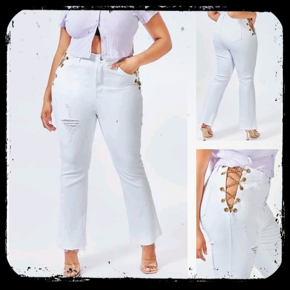 Plus Chain Criss Cross Ripped Frayed Flare Leg Jean